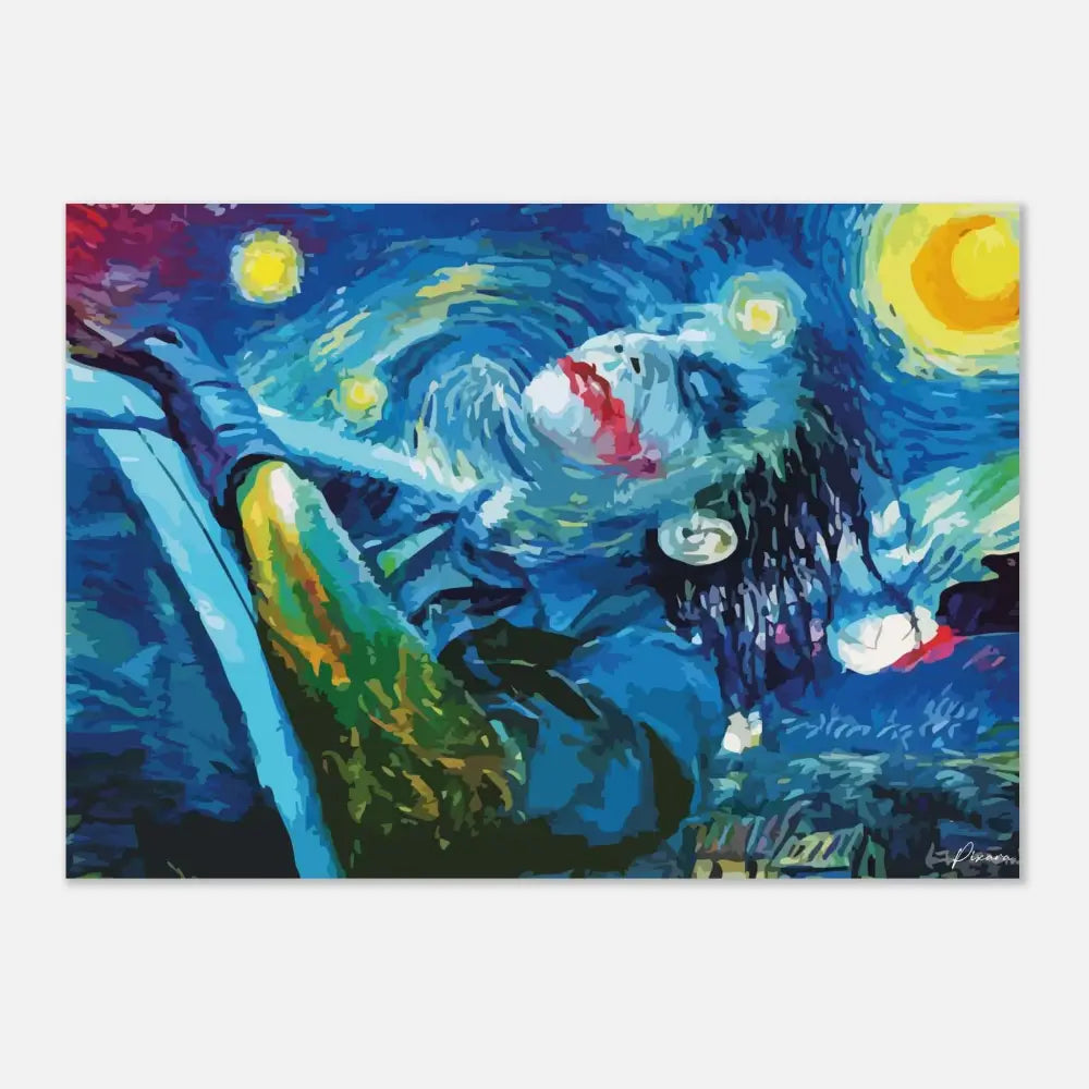 Peinture abstraite vibrante en bleu et jaune d’un ciel nocturne tourbillonnant avec des étoiles, rendue en coups de pinceau audacieux.