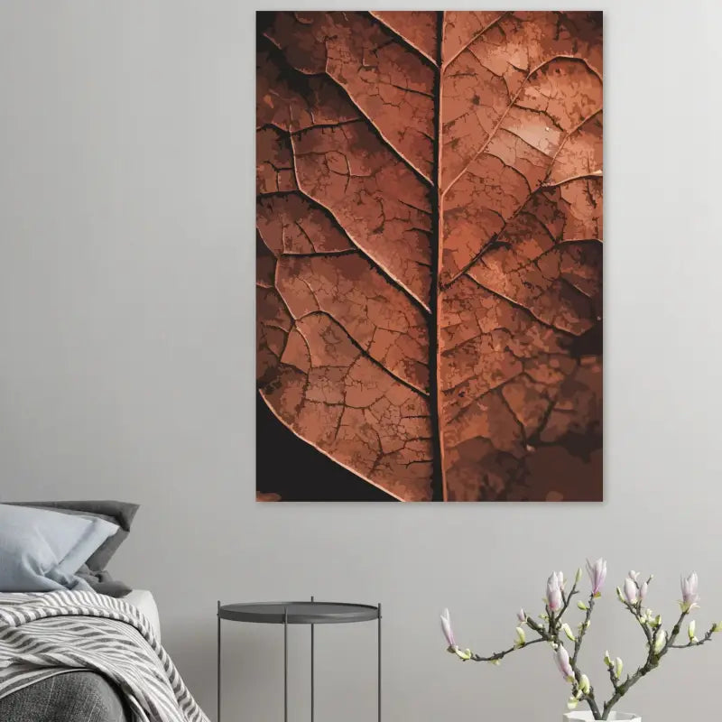 Un tirage sur toile rectangulaire présentant un gros plan d’une feuille brune séchée et craquelée avec des motifs de veines complexes.
