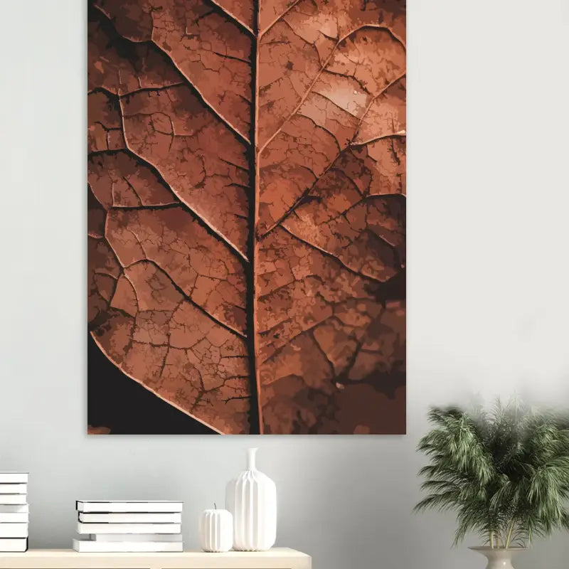 Une impression sur toile détaillée, de couleur rouille-brun, d’une feuille séchée avec des motifs de veines complexes.