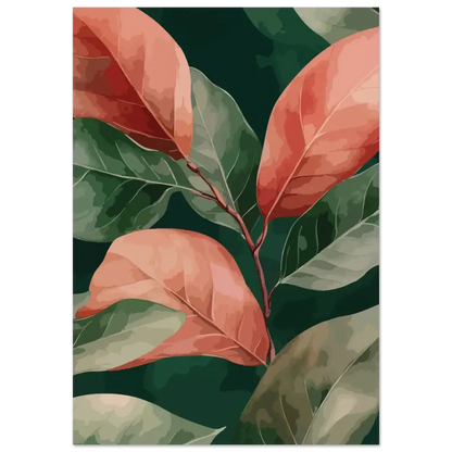 Une impression d’art numérique encadrée présentant des feuilles stylisées orange et vertes sur un fond sombre.