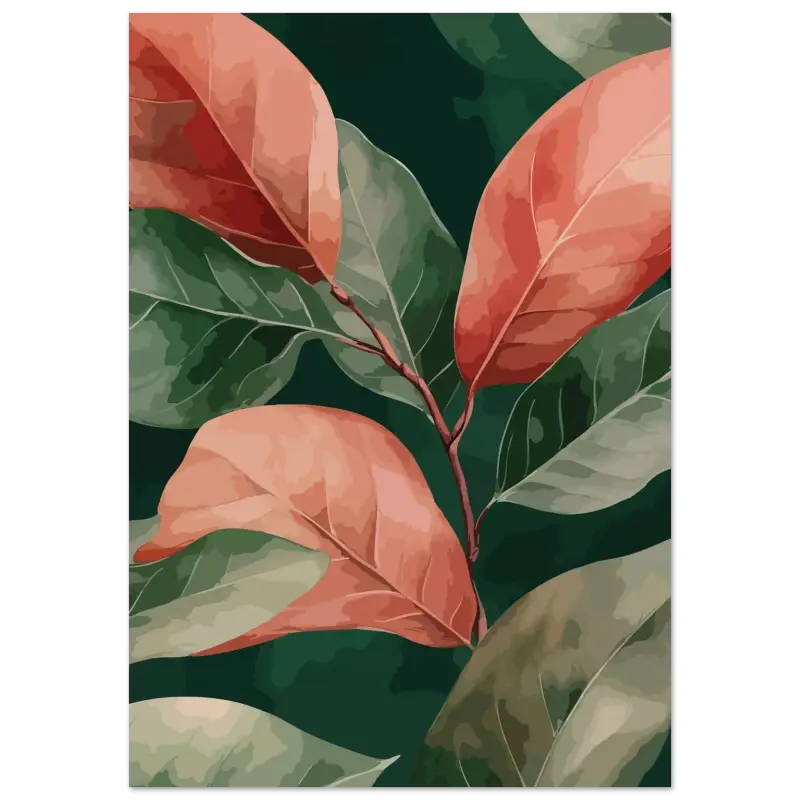 Une impression d’art numérique encadrée présentant des feuilles stylisées orange et vertes sur un fond sombre.