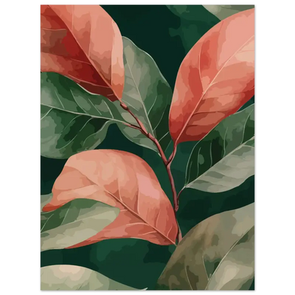 Une œuvre d’art encadrée présentant des feuilles stylisées en tons corail chaud et vert profond, rendue avec une texture picturale.