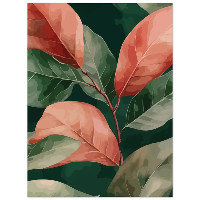 Une œuvre d’art encadrée présentant des feuilles stylisées en tons corail chaud et vert profond, rendue avec une texture picturale.