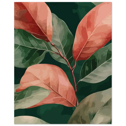 Une peinture numérique encadrée mettant en scène des coraux vibrants et des feuilles vert foncé avec une texture stylisée et picturale.