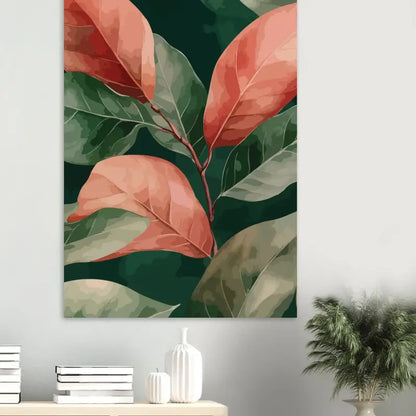 Une impression sur toile vibrante mettant en scène des feuilles stylisées en nuances de corail et de vert profond sur un fond sombre.