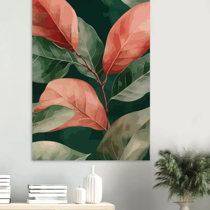 Une impression sur toile vibrante mettant en scène des feuilles stylisées en nuances de corail et de vert profond sur un fond sombre.