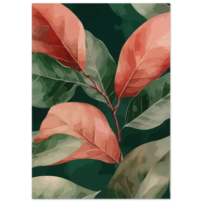 Une œuvre d’art numérique encadrée présentant des feuilles stylisées aux teintes corail chaud et vert foncé sur un fond sombre.
