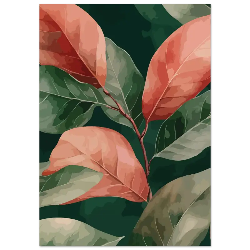 Une œuvre d’art numérique encadrée présentant des feuilles stylisées aux teintes corail chaud et vert foncé sur un fond sombre.