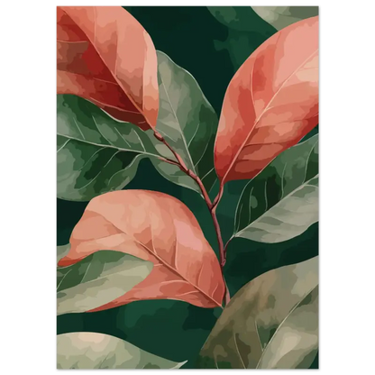 Une œuvre d’art numérique encadrée mettant en scène des feuilles vibrantes orange et vertes avec une texture picturale sur un fond sombre.