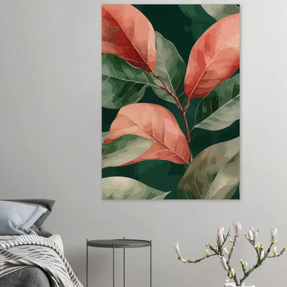 Une peinture sur toile rectangulaire présentant des feuilles stylisées en nuances de corail et de vert sur un fond de forêt profonde.