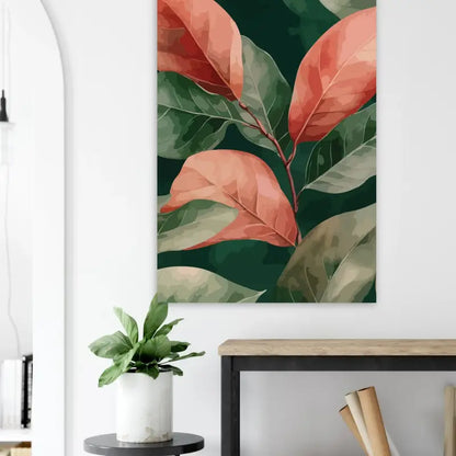 Une impression sur toile botanique vibrante mettant en scène du corail stylisé et des feuilles vertes sur un fond émeraude profond, accrochée sur un mur blanc.