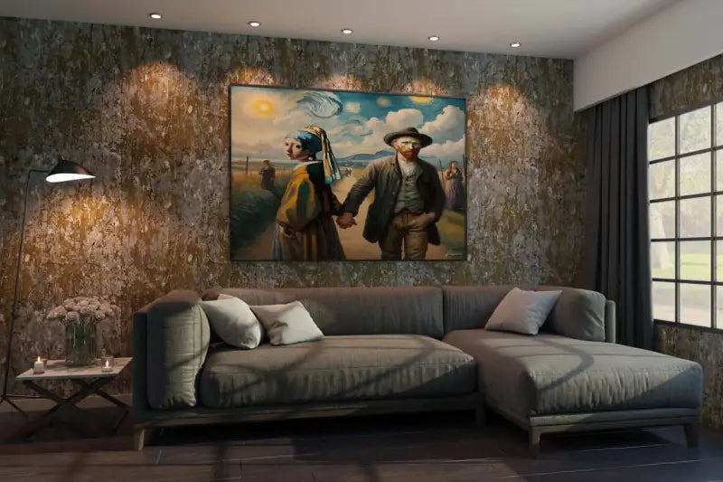 Une reproduction encadrée de « La Jeune Fille à la perle » de Johannes Vermeer, présentant la jeune fille avec un foulard bleu et une robe jaune tenant la main d’un homme en manteau sombre, sur fond de paysage impressionniste sous un soleil éclatant.