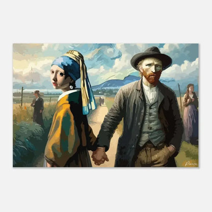 Une impression sur toile stylisée représentant une femme avec un foulard bleu, une boucle d’oreille en perle et un homme avec un chapeau sombre, rendue dans le style de « La Nuit étoilée » de Van Gogh avec des coups de pinceau visibles.