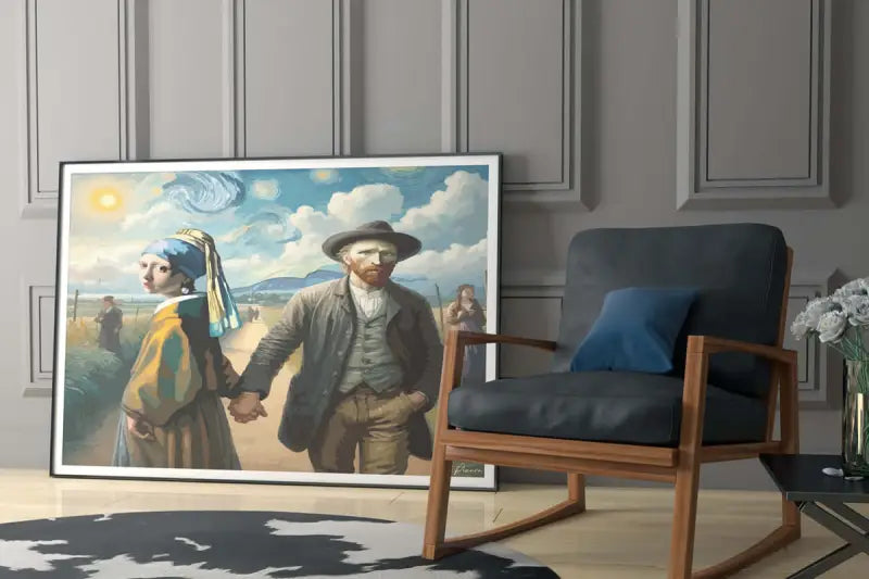 Une reproduction encadrée de « la jeune fille à l’oreille de perle » de Vermeer, représentant la jeune femme avec un foulard bleu et une robe jaune tenant la main d’un homme en manteau marron sur fond de ciel clair.