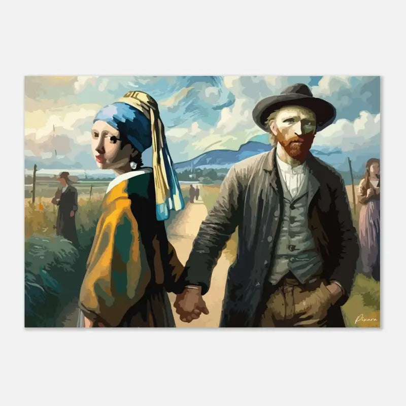 Une impression sur toile stylisée de la peinture iconique mettant en scène une femme avec un foulard bleu, une boucle d’oreille en perle et un homme avec un chapeau sombre, rendue avec des coups de pinceau audacieux.