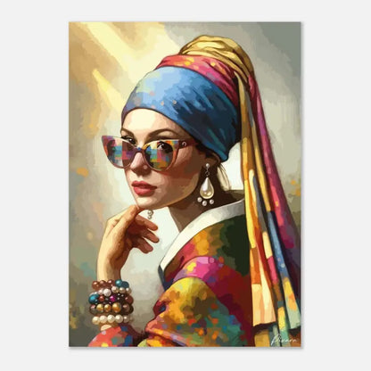 Une réinterprétation vibrante et moderne de la peinture classique mettant en scène une femme avec un foulard coloré et des lunettes de soleil.