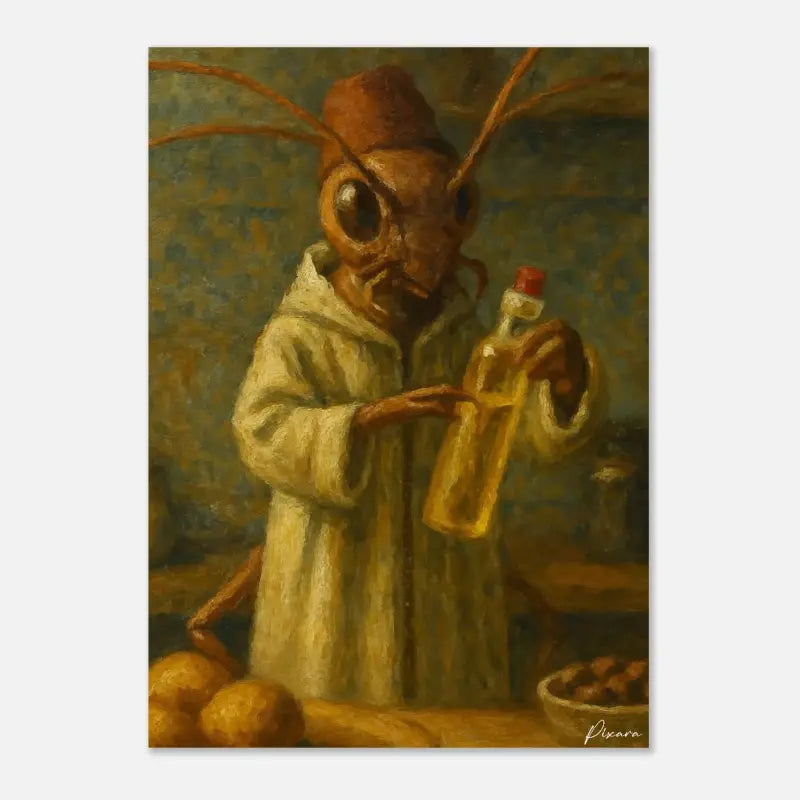 Une peinture à l’huile fantaisiste dépeint une fourmi anthropomorphe dans une robe beige tenant une bouteille en verre transparent avec un bouchon rouge, sur un fond texturé vert olive.