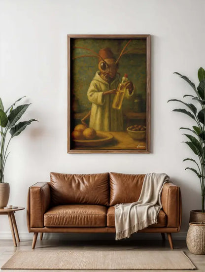 Une peinture encadrée représentant une figure d’insecte fantaisiste vêtue d’une robe de moine tenant une bouteille, sur un fond vert foncé avec des fruits et des noix sur la table.