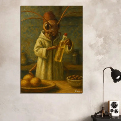 Un tableau encadré représentant une fourmi en robe blanche tenant une bouteille en verre, sur fond de mur texturé.