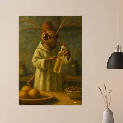 Une peinture encadrée représentant une fourmi anthropomorphe vêtue d’une robe blanche tenant une bouteille en verre, sur un fond vert et marron atténué.