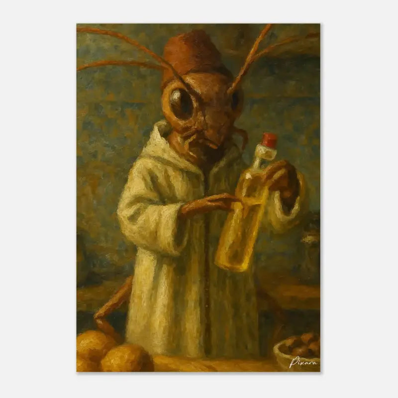 Figure semblable à une fourmi dans une robe de couleur crème tenant une bouteille en verre avec un bouchon rouge.