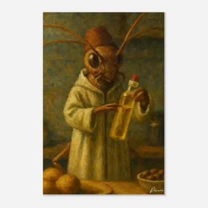 Une peinture à l’huile fantaisiste représente une fourmi anthropomorphe vêtue d’une robe blanche tenant une bouteille en verre transparent à bouchon rouge, sur un fond texturé et atténué.