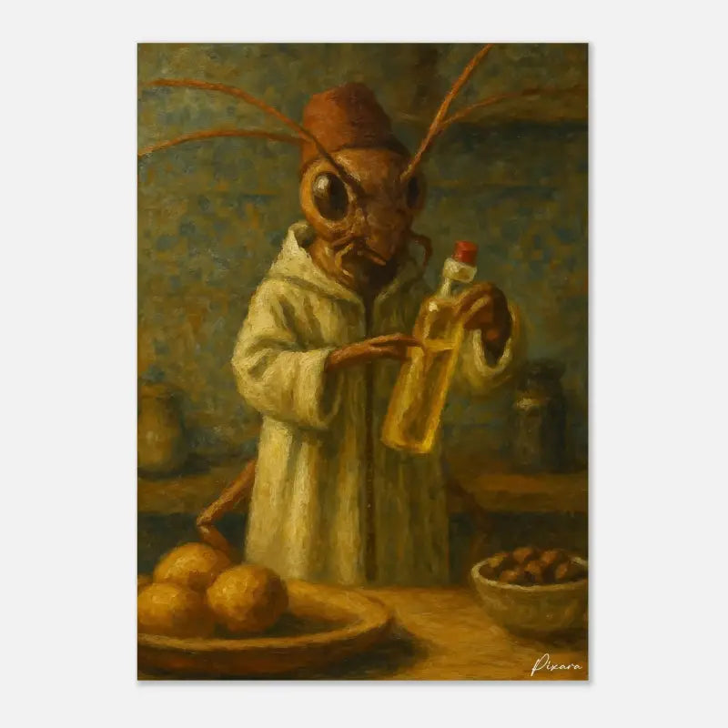 Une peinture à l’huile fantaisiste représente une figure semblable à une fourmi vêtue d’une robe beige tenant une bouteille en verre transparent à bouchon rouge, sur un fond vert et marron atténué.