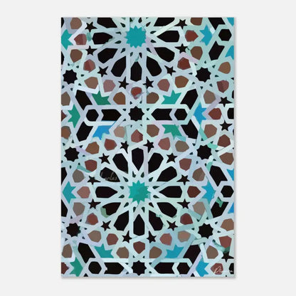 Une impression d’art rectangulaire présentant un motif géométrique complexe aux tons turquoise, noir et marron.