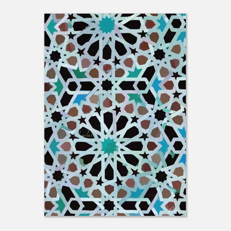 Un tirage sur toile rectangulaire présentant un motif géométrique complexe aux tons de turquoise, noir et marron.