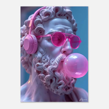 Une statue de marbre rose portant un casque audio et des lunettes de soleil, soufflant une bulle de chewing-gum.