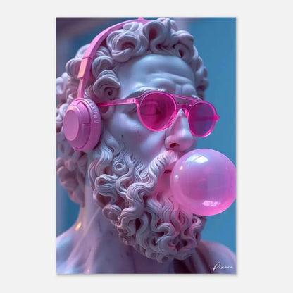 Une statue classique rose portant un casque audio avec une barbe bouclée en train de souffler une bulle de chewing-gum.