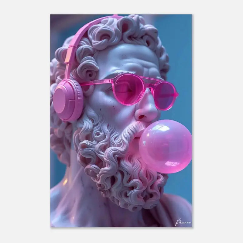 Une statue en plastique rose d’un homme barbu aux cheveux bouclés, portant des écouteurs et des lunettes de soleil, soufflant une bulle de chewing-gum.