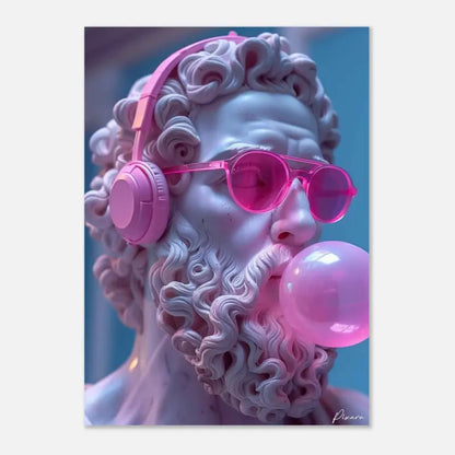 Une statue classique rose portant un casque audio, avec des cheveux bouclés et une barbe, en train de souffler une bulle de chewing-gum.