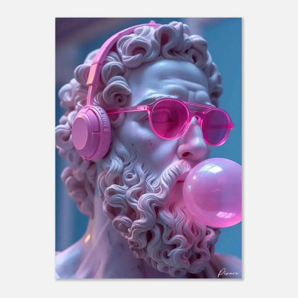 Une statue classique rose portant un casque audio, avec des cheveux bouclés et une barbe, en train de souffler une bulle de chewing-gum.