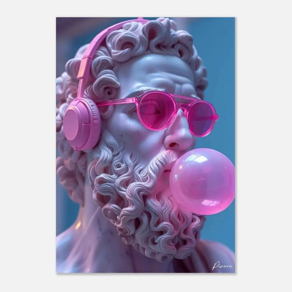 Une statue classique rose portant un casque audio avec une barbe bouclée en train de souffler une bulle de chewing-gum.