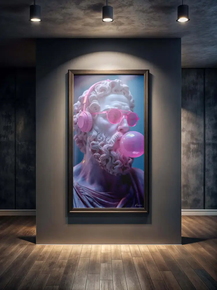 Une œuvre encadrée représentant une statue de marbre classique portant un casque audio rose et des lunettes de soleil en train de souffler une bulle de chewing-gum, rendue en roses néon vibrants sur un fond bleu froid.