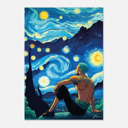 Une œuvre d’art numérique vibrante représentant un homme musclé aux cheveux teal assis sur un affleurement rocheux, contemplant un ciel nocturne tourbillonnant rempli d’étoiles jaunes brillantes et d’orbes semblables à la lune sur fond de bleus profonds.