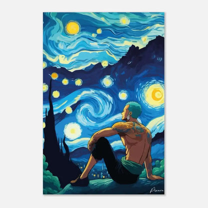 Affiche d’anime thématisée sur la nuit étoilée mettant en scène un homme musclé aux cheveux teal et tatoué, assis contre un ciel bleu tourbillonnant parsemé d’étoiles jaunes lumineuses.