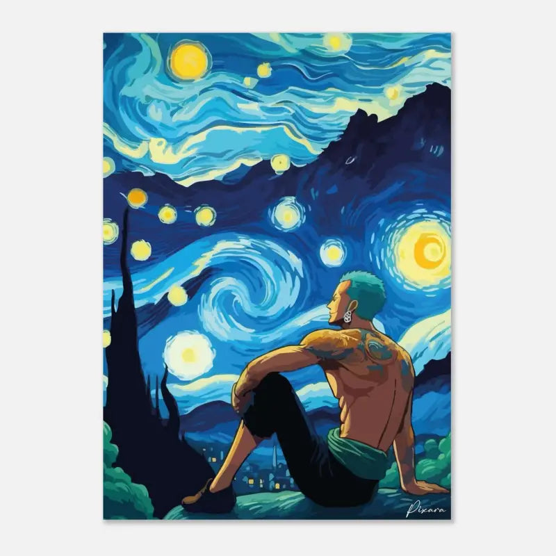 Art de toile tourbillonnante étoilée de nuit vibrante en bleu et jaune mettant en scène un personnage aux cheveux turquoise assis contre un paysage de montagne stylisé.