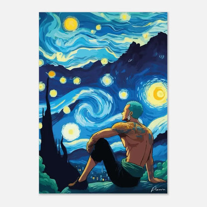 Une illustration vibrante et stylisée d’un personnage aux cheveux teal assis sous un ciel étoilé tourbillonnant bleu et jaune évoquant la « Nuit étoilée » de Van Gogh, rendue avec des coups de pinceau audacieux sur toile.