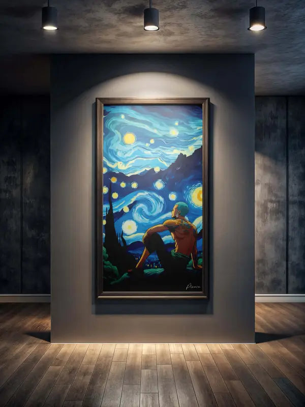 Une impression sur toile encadrée d’une scène stylisée de nuit étoilée avec des bleus et des jaunes tourbillonnants, présentant une figure assise sous les étoiles.