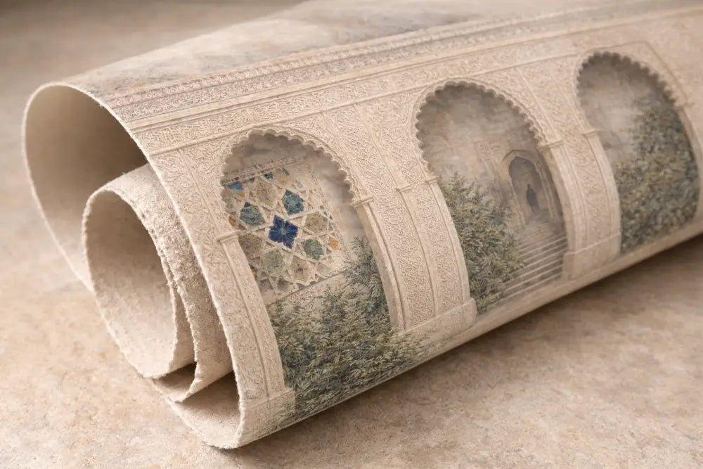 Un papier peint beige enroulé présentant un design architectural cintré complexe avec des accents de mosaïque bleue et verte.