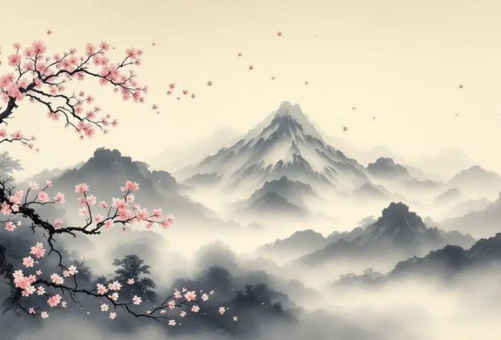 Papier Peint Panoramique Montagnes Brume & Cerisier – Fresque Zen Premium