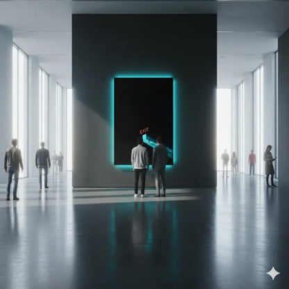 Un panneau de sortie rectangulaire illuminé d’un éclat turquoise avec le texte ’sortie’ en rouge et un graphique d’escalier illuminé, monté sur un mur sombre dans un couloir minimaliste.