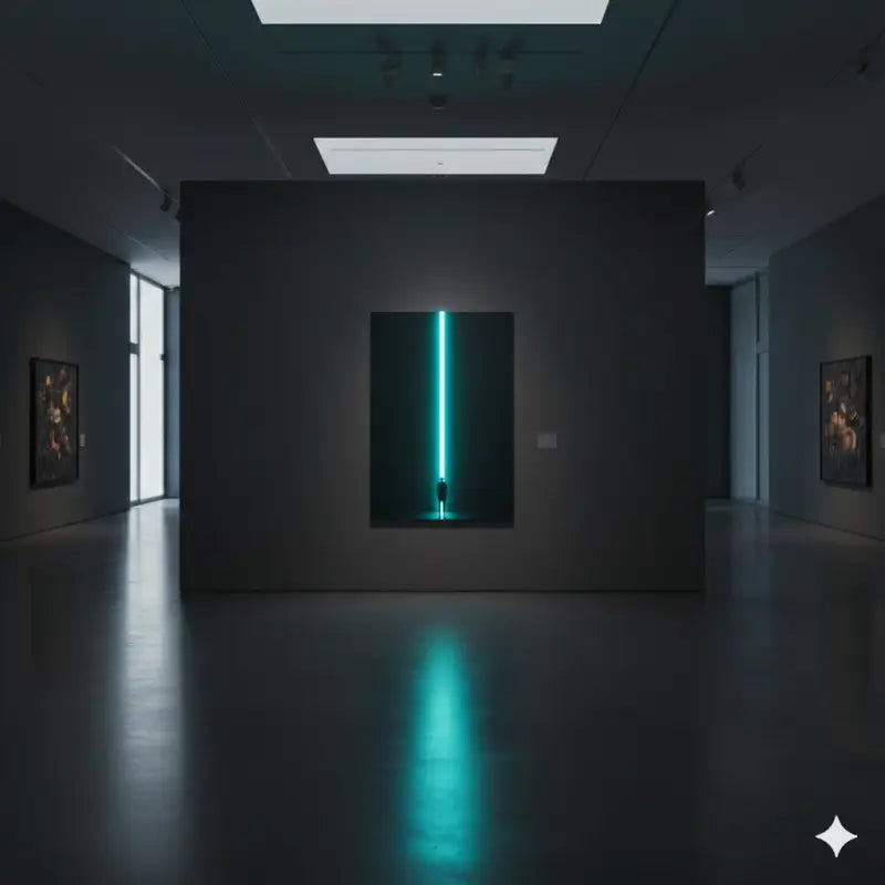 Une sculpture lumineuse en néon turquoise frappante, qui brille verticalement dans une installation de galerie à cadre sombre.