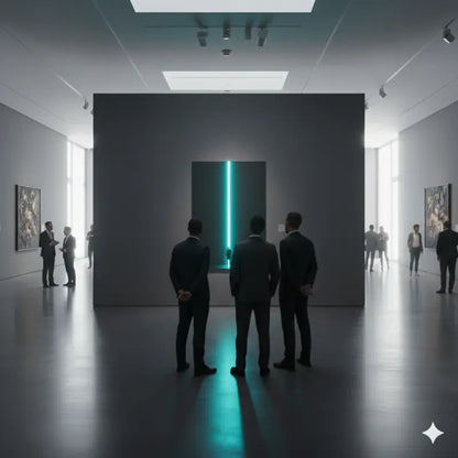 Une installation lumineuse verticale teal luisante dans un espace de galerie minimaliste.