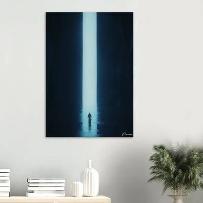 Une impression sur toile minimaliste en noir et blanc dépeignant une figure solitaire marchant vers un faisceau de lumière vertical dans un couloir autrement sombre.