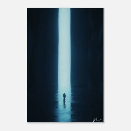 Une œuvre d’art numérique minimaliste représentant une figure solitaire debout au centre d’un immense puits vertical étroit illuminé par une lumière bleue froide.
