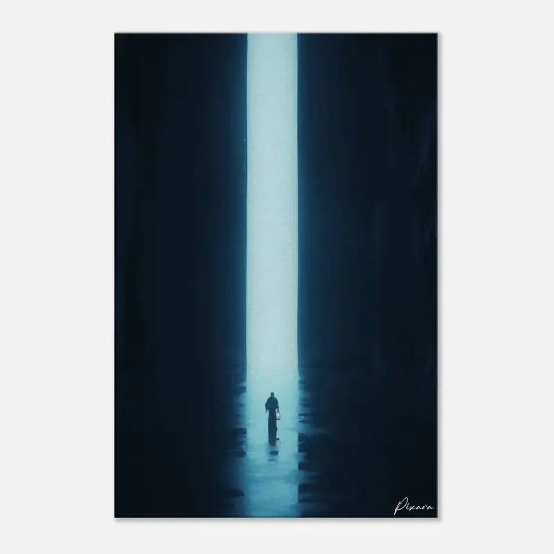 Une œuvre d’art numérique minimaliste représentant une figure solitaire debout au centre d’un immense puits vertical étroit illuminé par une lumière bleue froide.