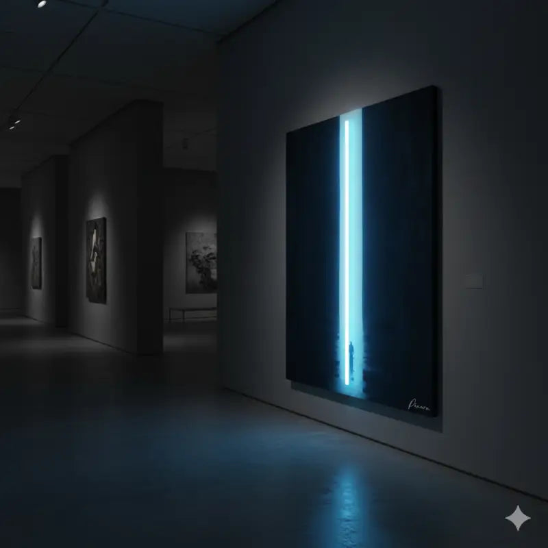 Un luminaire à néon bleu frappant monté sur une toile sombre, projetant une lueur éthérée dans l’espace de la galerie.